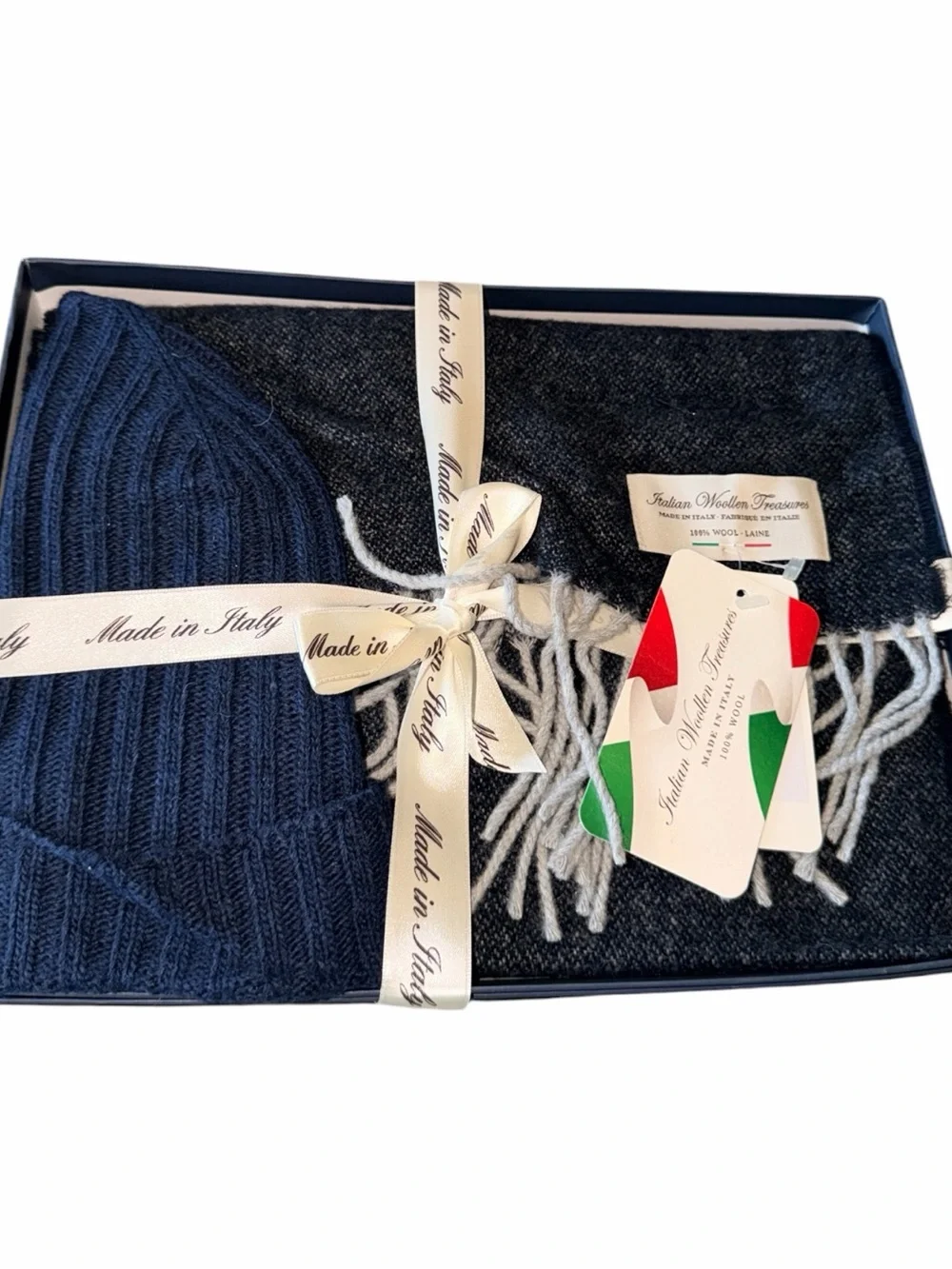 NWT NIb Men’s Italian 100% Wool Scarf & Beanie Set Made in Italy Navy Gray